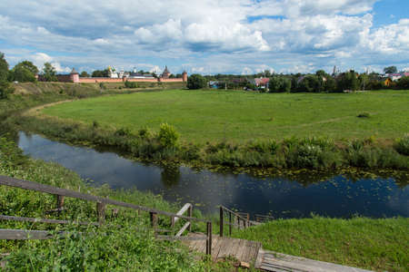 Suzdal, The Golden Ring of Russia, view on Spaso-Efimyevsky monastery and river Kamenka in summerの写真素材