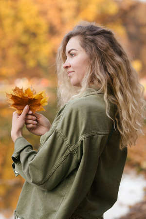 Face of young smiling blonde woman holding yellow leaves of maples in hands, beautiful golden autumn in park.の写真素材