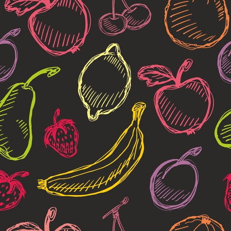 Seamless vector fruit hand drawn pattern with apple, cherry, lemon, banana, strawberry, plum, pear, peach, orange. Vintage boho background texture. Good for menu and food packageのイラスト素材