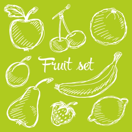 Seamless vector fruit hand drawn pattern with apple, cherry, lemon, banana, strawberry, plum, pear, peach, orange. Vintage boho background texture. Good for menu and food packageのイラスト素材