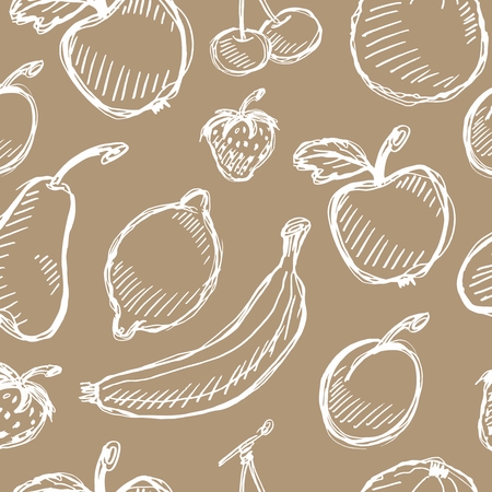 Seamless vector fruit hand drawn pattern with apple, cherry, lemon, banana, strawberry, plum, pear, peach, orange. Vintage boho background texture. Good for menu and food packageのイラスト素材