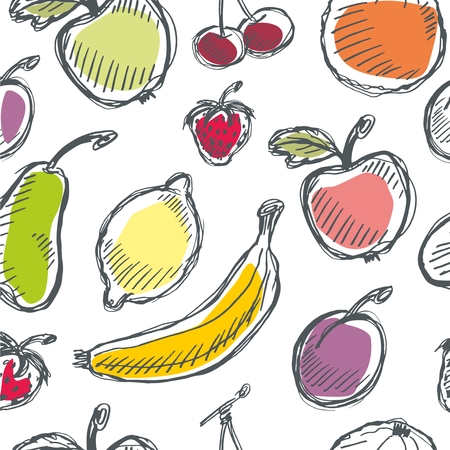 Seamless vector fruit hand drawn pattern with apple, cherry, lemon, banana, strawberry, plum, pear, peach, orange. Vintage boho background texture. Good for menu and food packageのイラスト素材