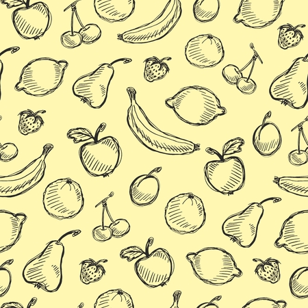 Seamless vector fruit hand drawn pattern with apple, cherry, lemon, banana, strawberry, plum, pear, peach, orange. Vintage boho background texture. Good for menu and food packageのイラスト素材