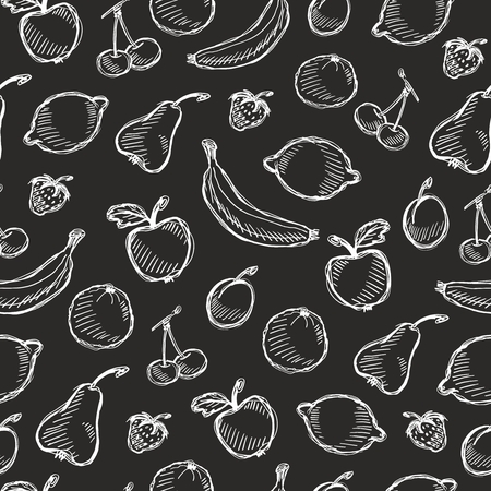 Seamless vector fruit hand drawn pattern with apple, cherry, lemon, banana, strawberry, plum, pear, peach, orange. Vintage boho background texture. Good for menu and food packageのイラスト素材