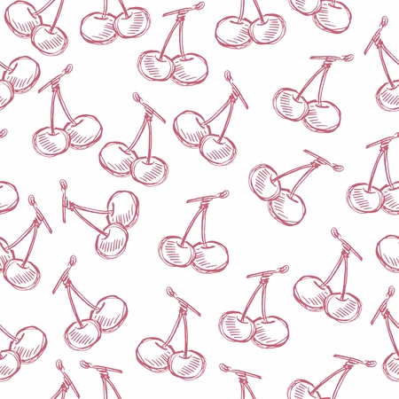 Seamless vector fruit hand drawn pattern with apple, cherry, lemon, banana, strawberry, plum, pear, peach, orange. Vintage boho background texture. Good for menu and food packageのイラスト素材