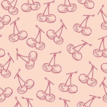 Seamless vector fruit hand drawn pattern with apple, cherry, lemon, banana, strawberry, plum, pear, peach, orange. Vintage boho background texture. Good for menu and food packageのイラスト素材