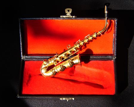 Photograph of a miniature saxophone in his custody                               の写真素材