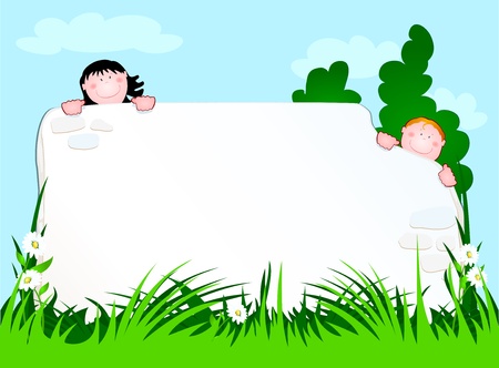 two children peering from behind a wall, vector のイラスト素材