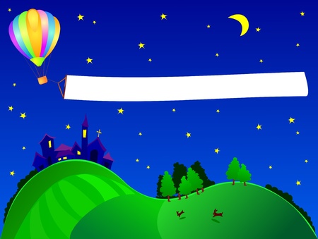 A balloon flies in the night dragging a banner blank. Vector のイラスト素材