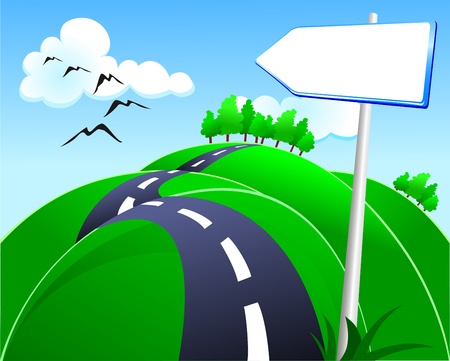 Hilly road with sign, vectorのイラスト素材