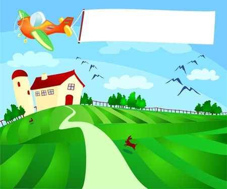 Country landscape with plane and banner, vector のイラスト素材
