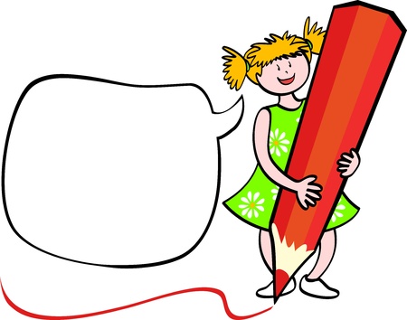 Pretty girl uses a giant pencil.のイラスト素材