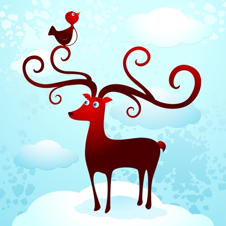 Deer and bird over the cloudsのイラスト素材