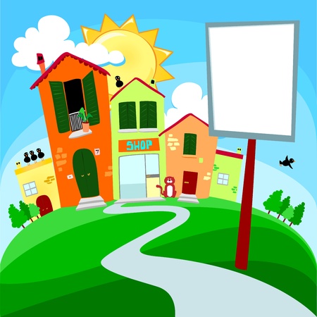 City landscape with customizable sign, vector のイラスト素材