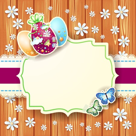 Easter card with eggs and label, on wooden backgroundのイラスト素材