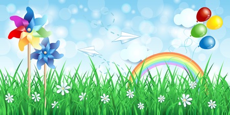 Spring background with pinwheels and rainbow, vector eps10のイラスト素材