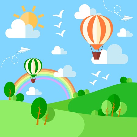 Landscape with hot air balloons illustration in flat style. Vector eps10のイラスト素材