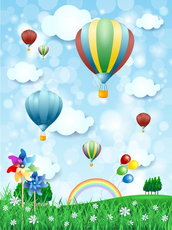 Spring landscape with hot air balloons, vertical version. Vector illustration  のイラスト素材