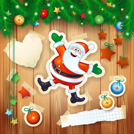 Christmas background with fir, decorations and happy Santa. Vector illustration eps10のイラスト素材