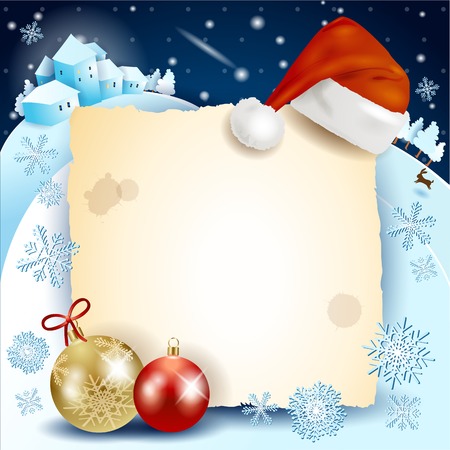 Christmas background with parchment, hat and baubles. Vector illustration  のイラスト素材