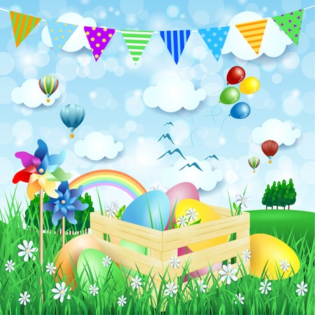 Easter background with Easter eggs and countrysideのイラスト素材