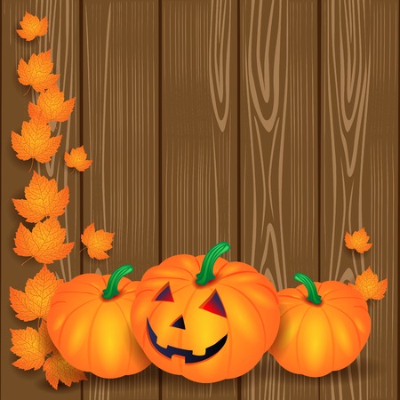 Halloween illustration with pumpkins and leaves on wooden background.のイラスト素材
