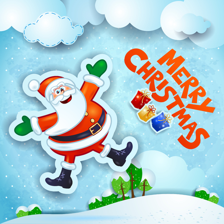 Christmas snowy landscape with happy Santa and text. Vector illustration eps10のイラスト素材