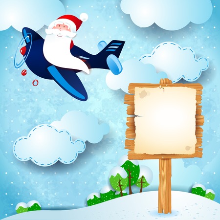 Christmas background with Santa, airplane and sign.のイラスト素材