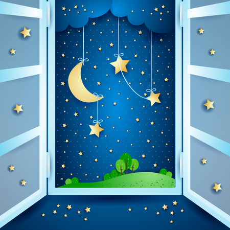Surreal landscape with open window, vector illustration eps10.のイラスト素材