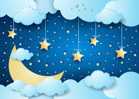 Surreal night with big moon and hanging stars. Vector illustration eps10のイラスト素材