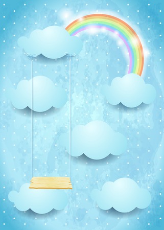 Surreal sky with clouds rainbow and swing.のイラスト素材