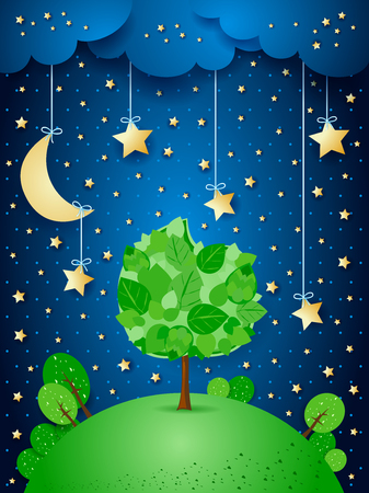 Surreal night with hanging stars and big tree, vector illustration.のイラスト素材