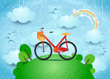 Surreal landscape with hanging clouds and bike. Vector illustration eps10のイラスト素材