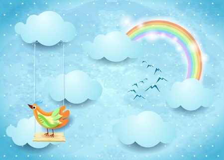 Surreal sky with swing and colorful bird, vector illustration eps10のイラスト素材