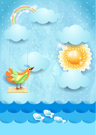 Surreal seascape with sun, swing and bird. Vector illustration eps10のイラスト素材