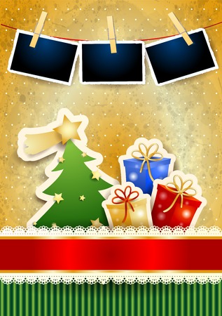 Christmas card with tree, presents and photo frames. Vector illustration eps10のイラスト素材