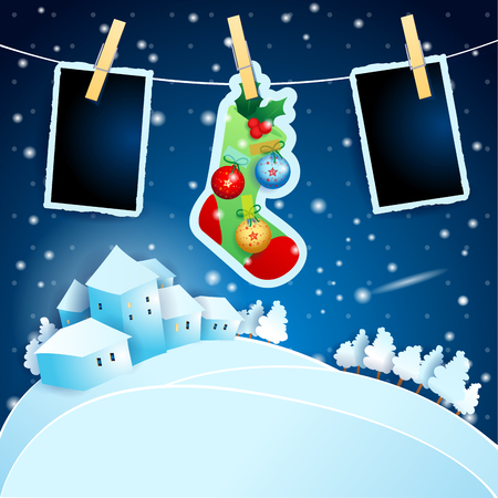Christmas Eve with sock, landscape and photo frames. Vector illustration eps10のイラスト素材
