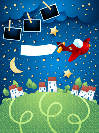 Night Landscape With Airplane Banner And Photo Frames Vector