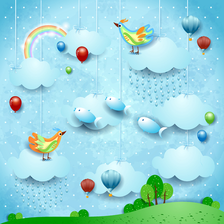 Fantasy landscape with rain, balloons, birds and flying fisches. Vector illustration eps10のイラスト素材