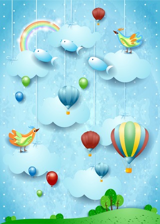 Fantasy landscape with balloons, bird and flying fisches. Vector illustration eps10のイラスト素材