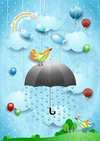 Surreal landscape with umbrella, balloons, birds and flying fisches. Vector illustration eps10のイラスト素材