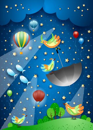 Surreal night with spotlights, flying umbrella and fishes. Vector illustration eps10のイラスト素材