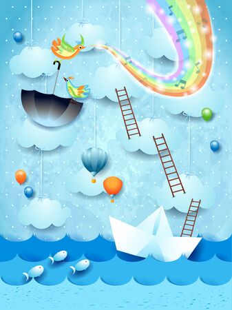Fantastic seascape with paper boat, music and rainbow colors. Vector illustrationのイラスト素材