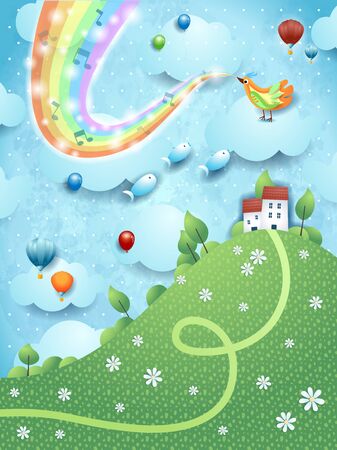 Fantastic landscape with hill, music, bird and rainbow colors. Vector illustrationのイラスト素材