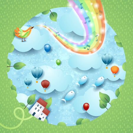 Fantastic landscape in hole with music, bird and rainbow colors. Vector illustrationのイラスト素材