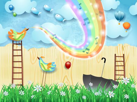 Fantastic landscape  stairways, bird, music and rainbow colors. Vector illustrationのイラスト素材
