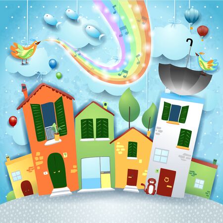 Fantastic cityscape with bird, music and rainbow colors. Vector illustration eps10のイラスト素材