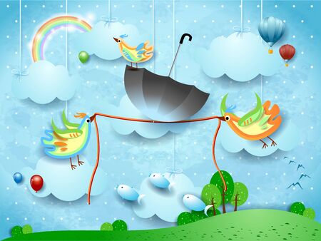 Fantasy landscape and two birds hold a rope with an umbrella in balance. Vector illustration eps10のイラスト素材