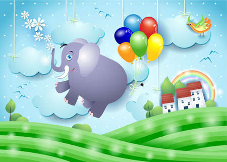 Cute flying elephant and balloons on paper landscape, vector illustration eps10のイラスト素材