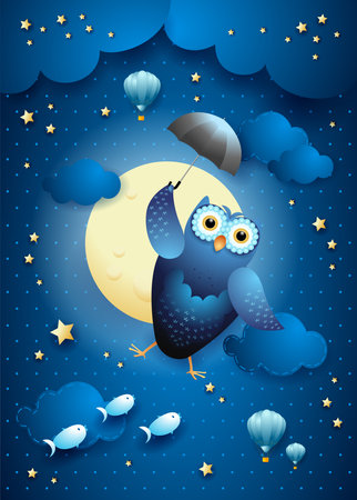Cute flying owl with umbrella on starry sky, vector illustration eps10のイラスト素材